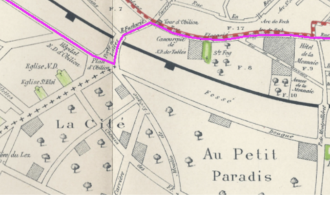 Extrait du plan médiéval de la ville de Montpellier dressé par Louise Guiraud