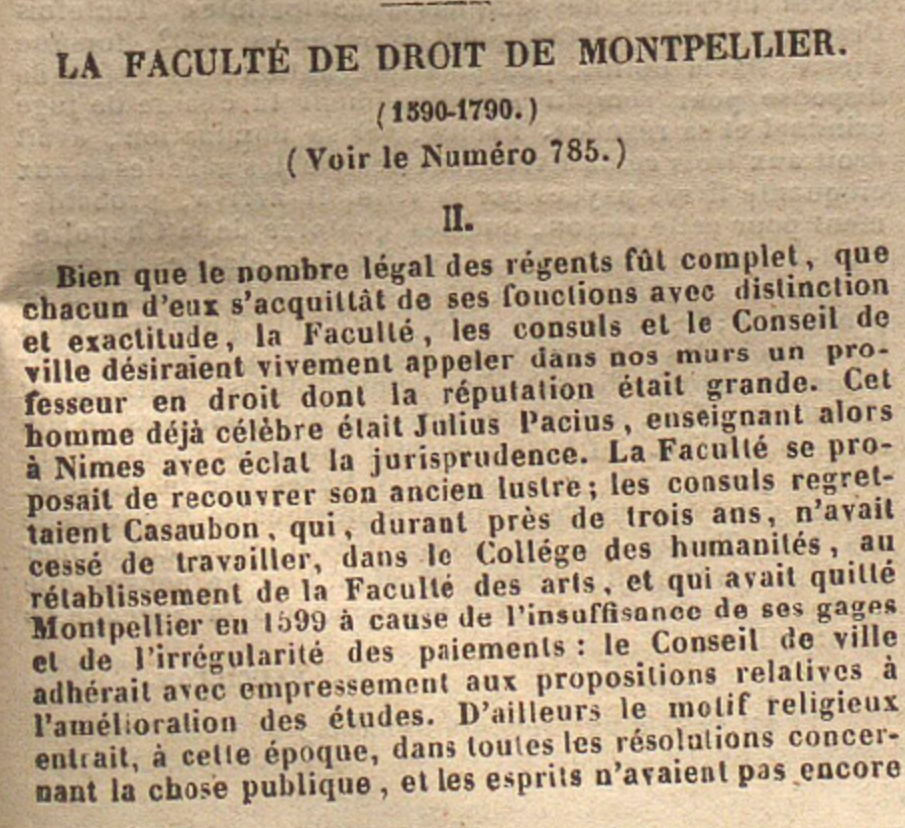 L'histoire de la faculté de droit de Montpellier publié par Faucillon dans le Journal de Montpellier, 1852